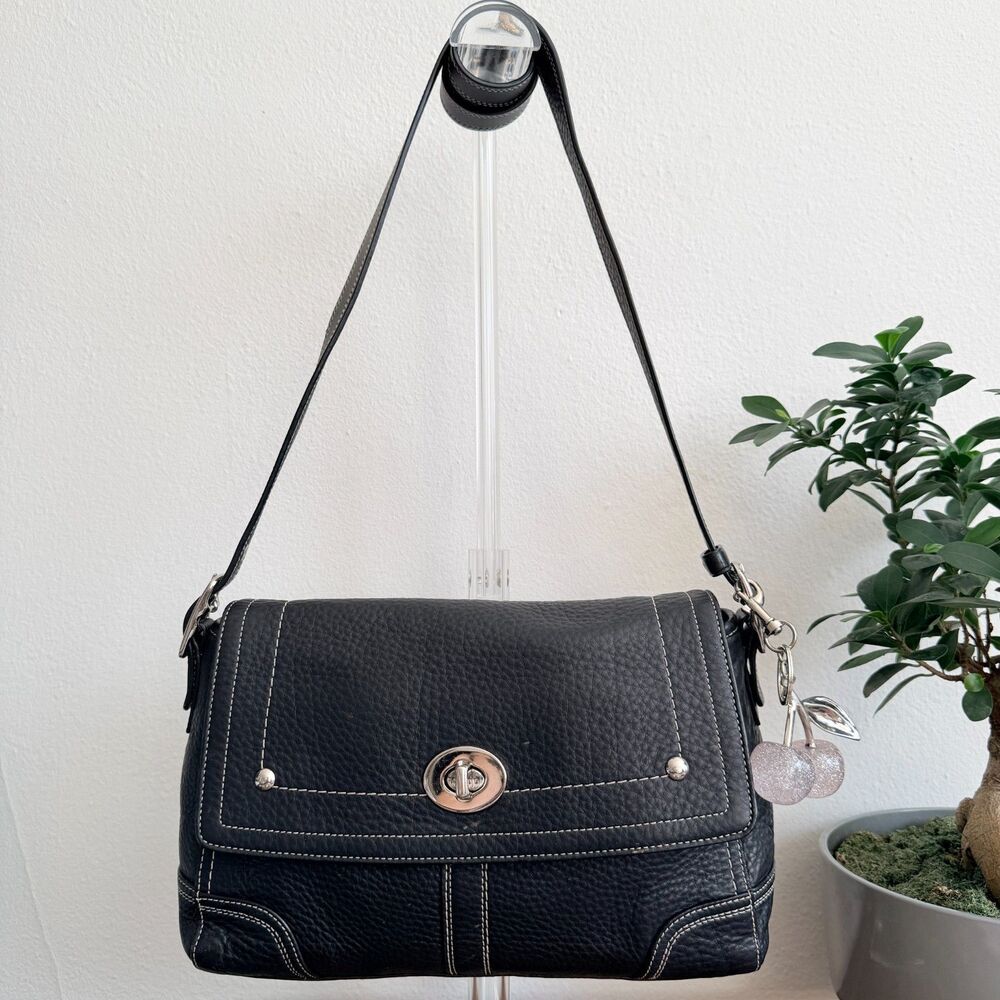 Coach Hamilton F13957 Black Pebbled Leather Flap Shoulder Crossbody Bag Y2K